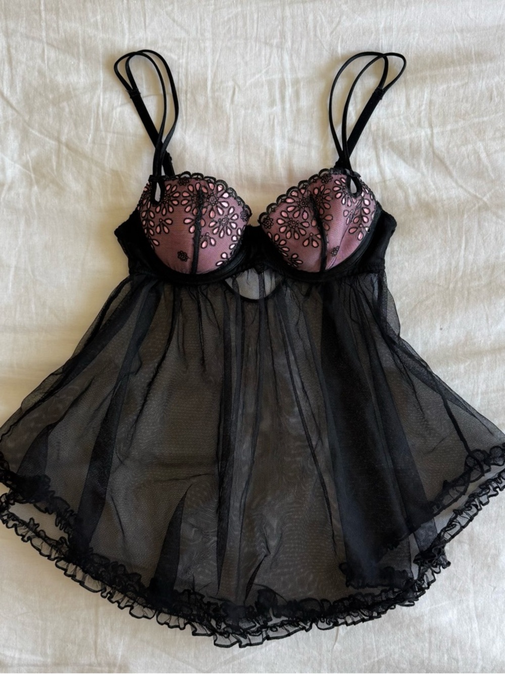 Black & Dusty Rose Lace-Embroidered Babydoll Chemise